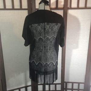 Monteau Los Angeles black lace fringed kimono size Small/ short sleeve/ NWOT